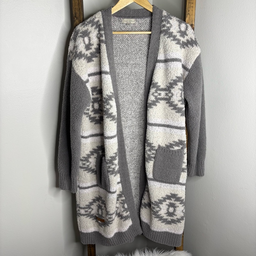 Simply Southern Cozy Gray and Cream Open Front Cardigan M